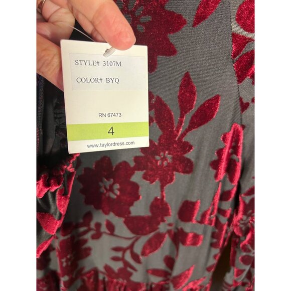Taylor Sz 4 Floral Burnout Velvet Dress Tiered Black & Burgundy Oversized Goth - Picture 4 of 12